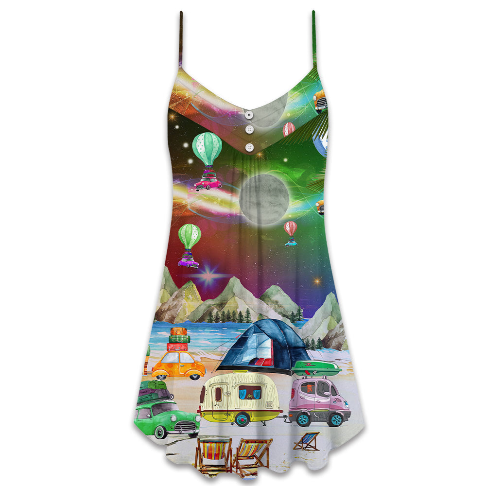 Camping Night Christmas Adventure – Women's Summer Sleeveless V-Neck Camisole Dress