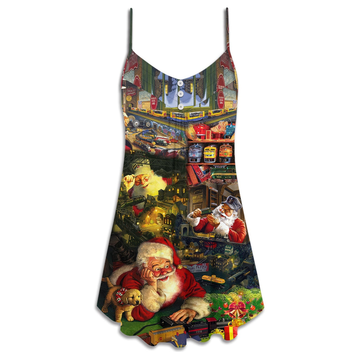 Santa Toy Train Factory Christmas – Women's Summer Sleeveless V-Neck Camisole Dress