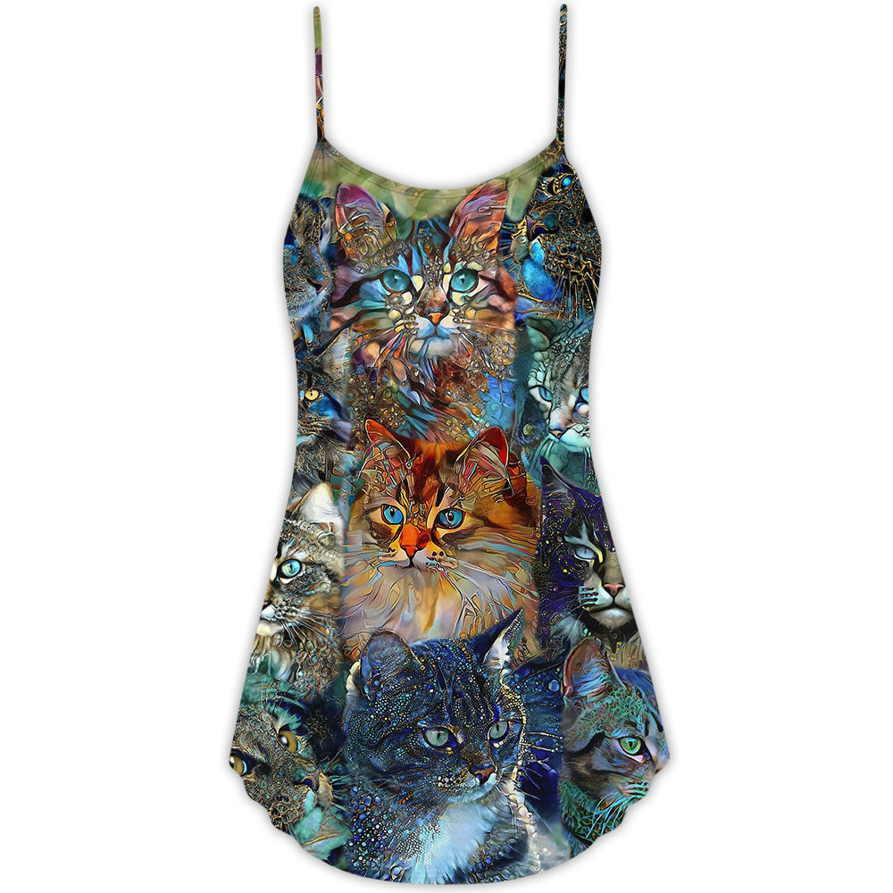 Colorful Glass Art Cat Lover – Women's Summer Sleeveless V-Neck Camisole Dress