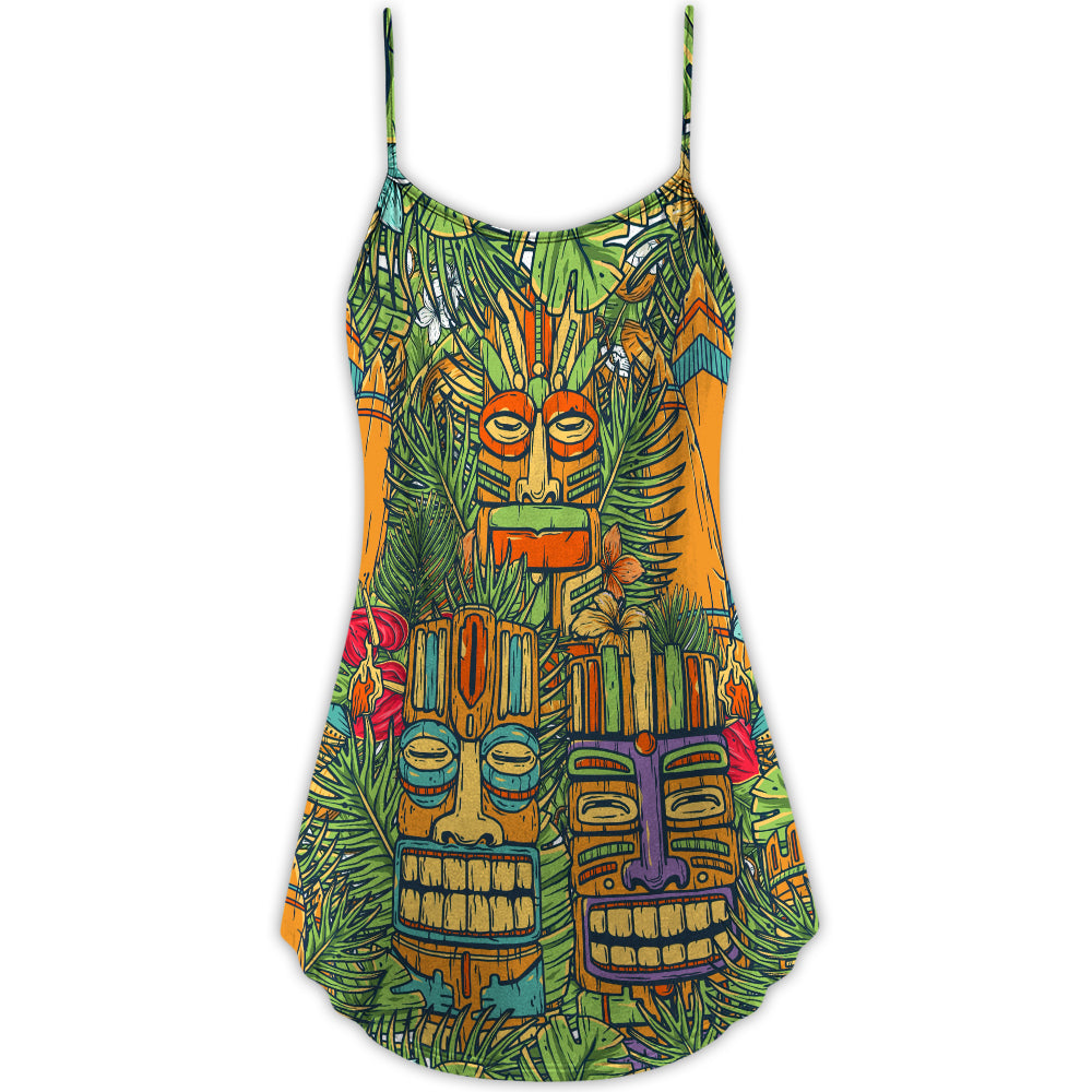 Tropical Tiki Mask Surf And Palms – Women's Summer Sleeveless V-Neck Camisole Dress