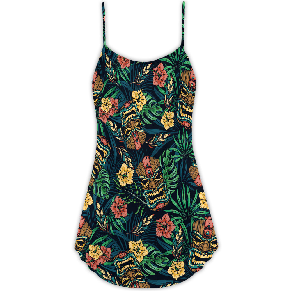Tiki Tropical Leaves Hawaii Style – Women's Summer Sleeveless V-Neck Camisole Dress