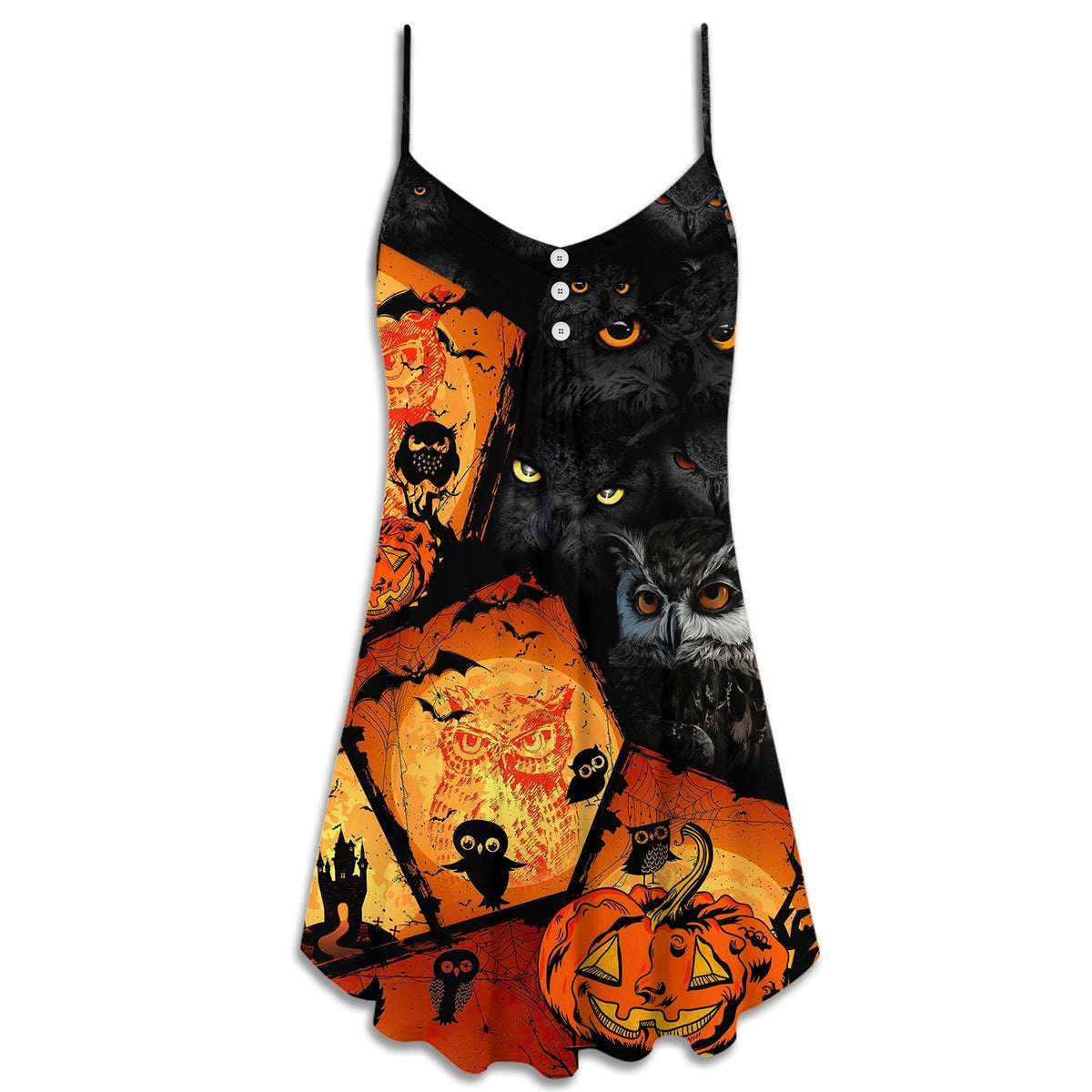 Halloween Owl Pumpkin Night – Women's Summer Sleeveless V-Neck Camisole Dress