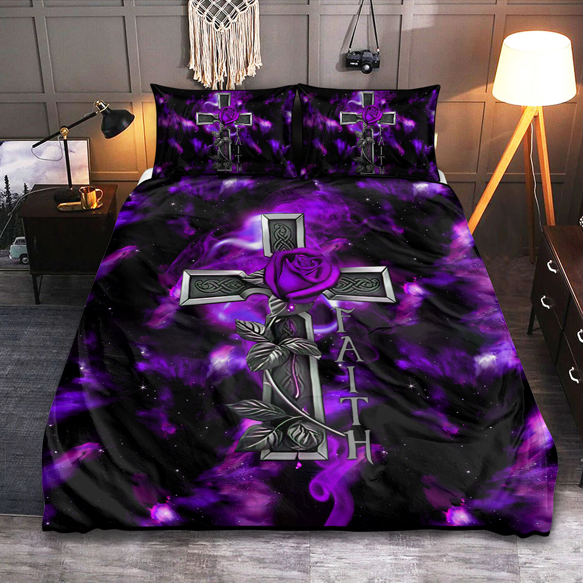 Jesus Purple Rose Cross Christian Galaxy Bedding Cover For Faith Inspired Bedroom Decor And Peaceful Home Style