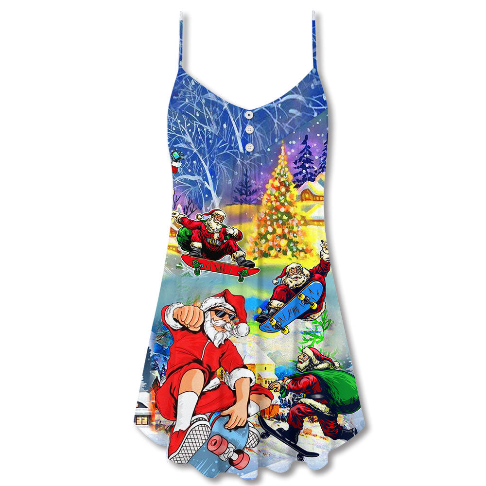 Skateboard Christmas Santa Jumping – Women's Summer Sleeveless V-Neck Camisole Dress
