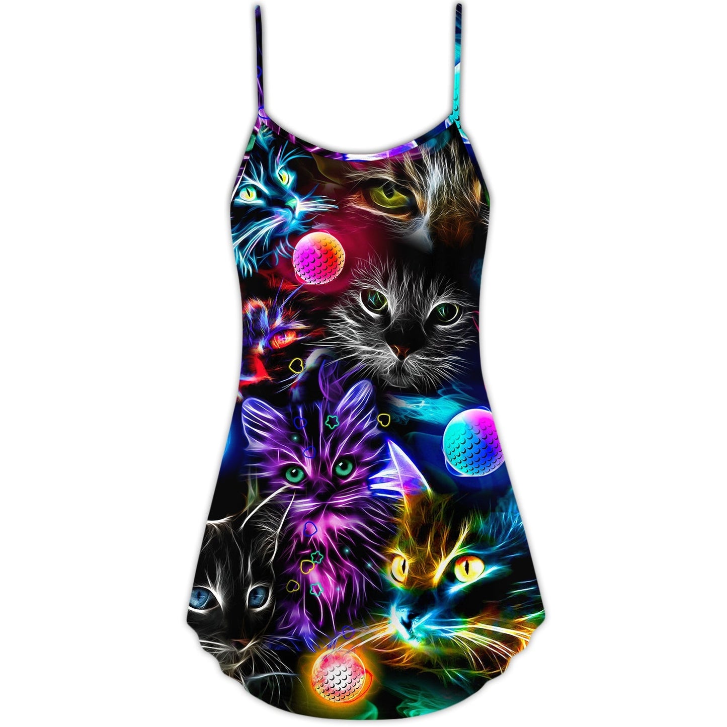 Cat Playing Golf Neon Lightning – Women's Summer Sleeveless V-Neck Camisole Dress