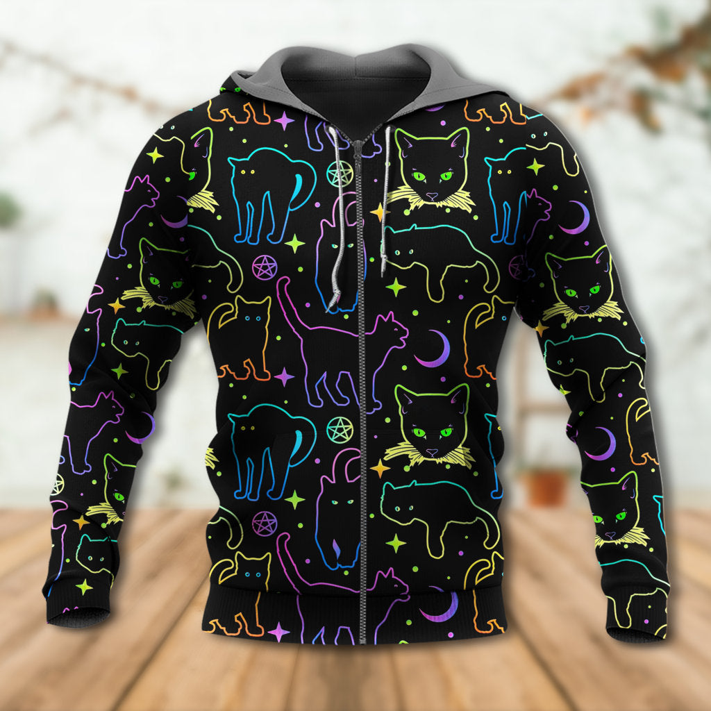 Neon Colorful Cat Playing Kitten Art – 3D Hoodie