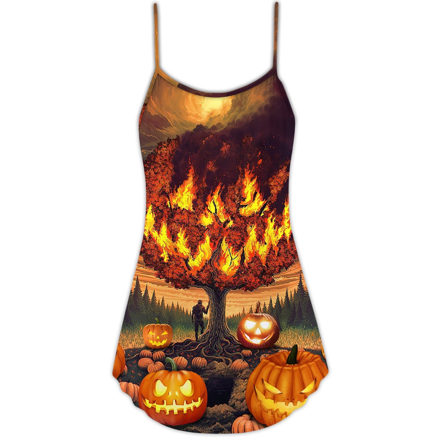 Halloween Burning Pumpkin Style – Women's Summer Sleeveless V-Neck Camisole Dress