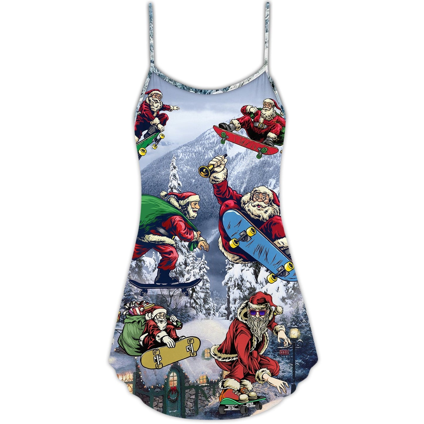 Christmas Santa Skateboarding Snow – Women's Summer Sleeveless V-Neck Camisole Dress