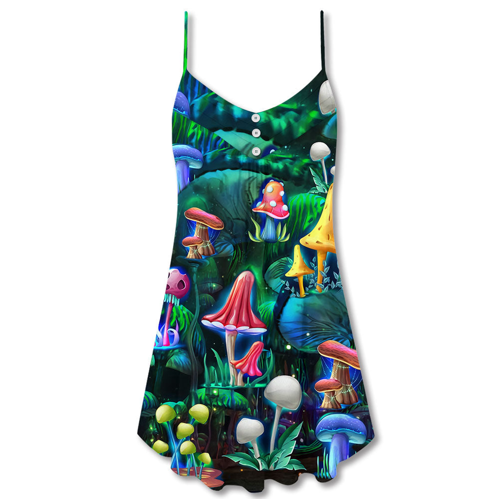 Hippie Mushroom Galaxy Neon – Women's Summer Sleeveless V-Neck Camisole Dress