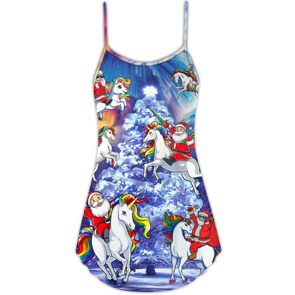 Christmas Santa Riding Unicorn Rainbow Night – Women's Summer Sleeveless V-Neck Camisole Dress