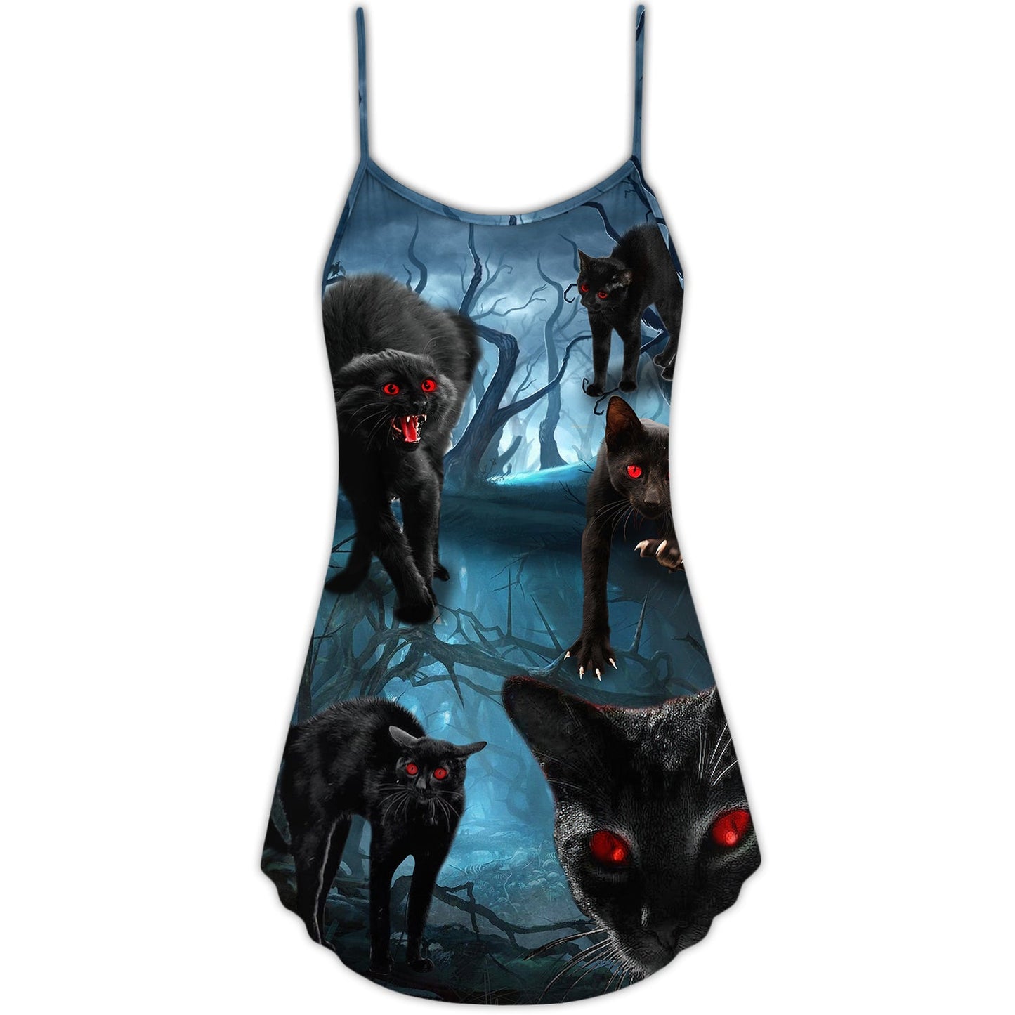 Halloween Black Cat Scary Style – Women's Summer Sleeveless V-Neck Camisole Dress