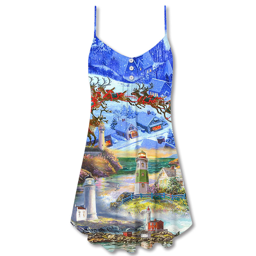 Lighthouse Santa Through Storm – Women's Summer Sleeveless V-Neck Camisole Dress