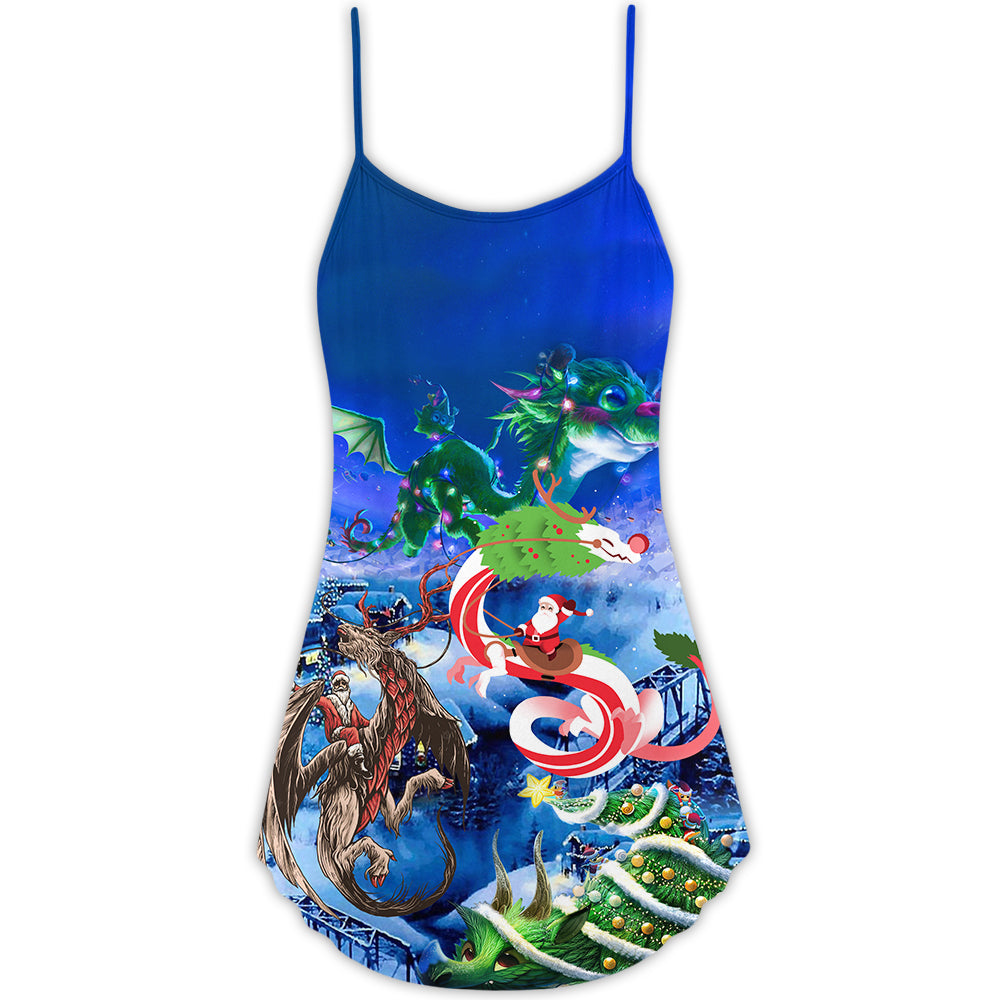 Christmas Santa Riding Dragon – Women's Summer Sleeveless V-Neck Camisole Dress