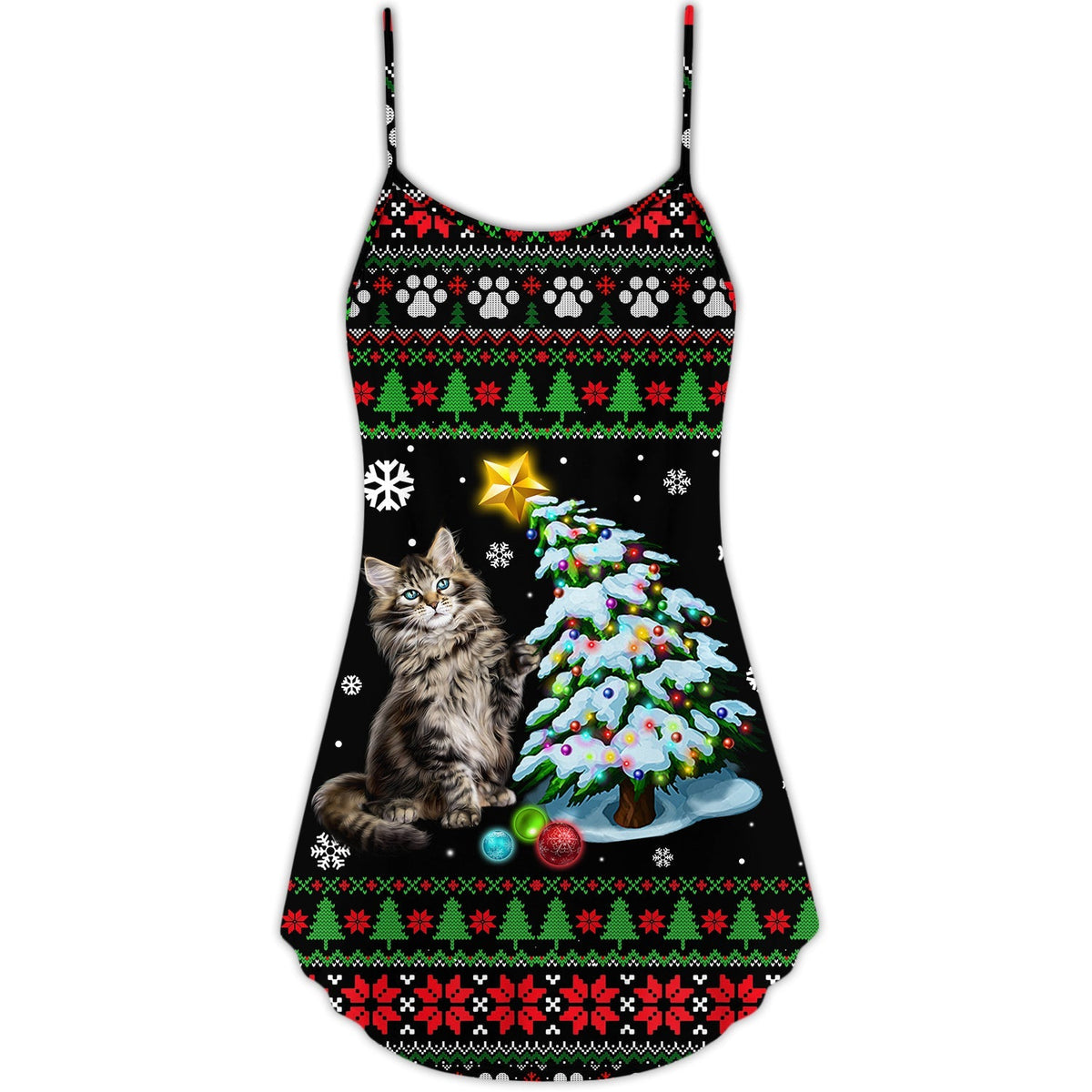 Christmas Cute Cat Wrecking Tree Funny – Women's Summer Sleeveless V-Neck Camisole Dress