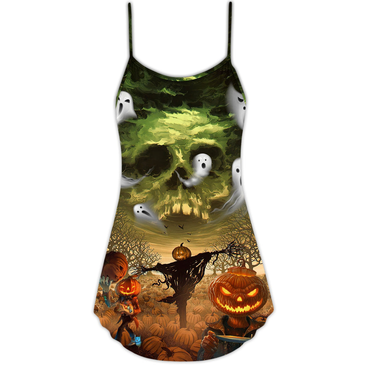 Halloween Crazy Pumpkin Ghost – Women's Summer Sleeveless V-Neck Camisole Dress