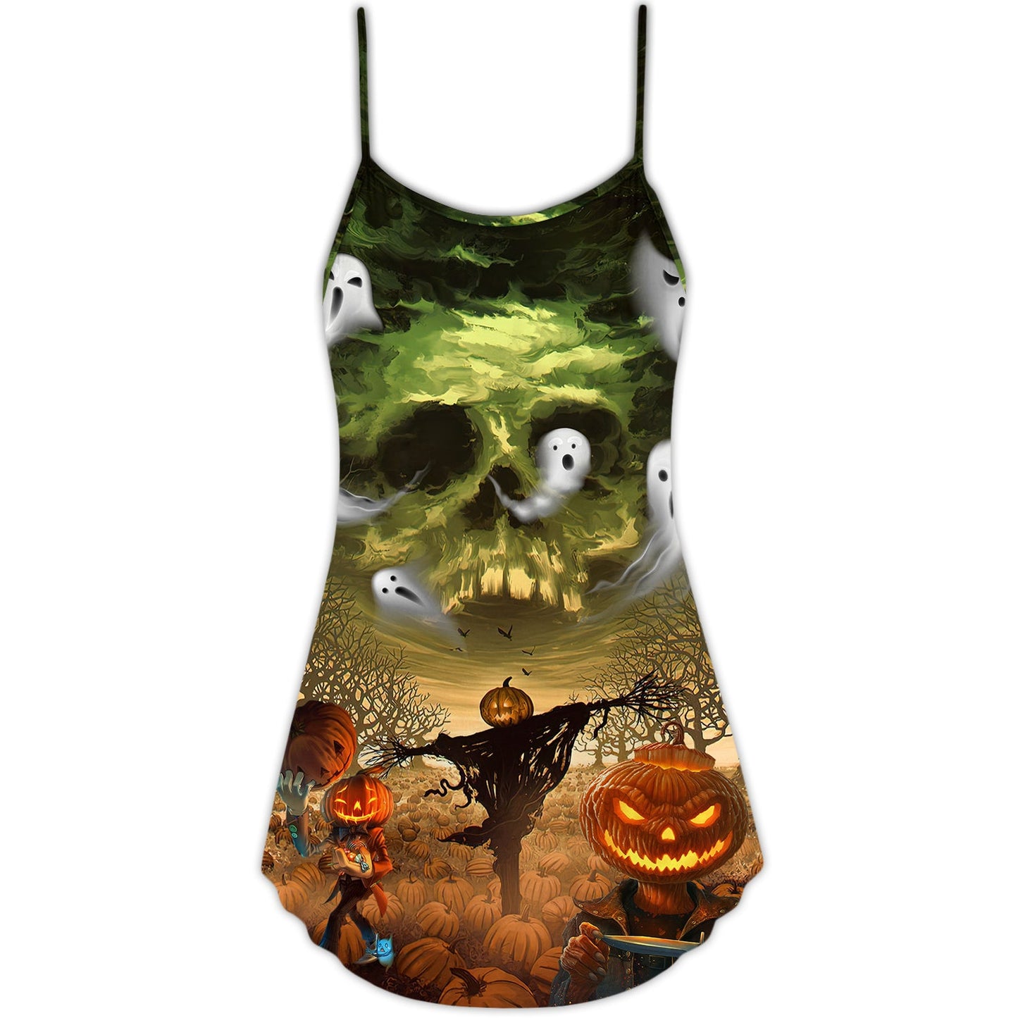 Halloween Crazy Pumpkin Ghost – Women's Summer Sleeveless V-Neck Camisole Dress