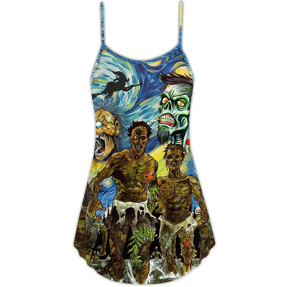 Halloween Zombie Starry Night Funny – Women's Summer Sleeveless V-Neck Camisole Dress