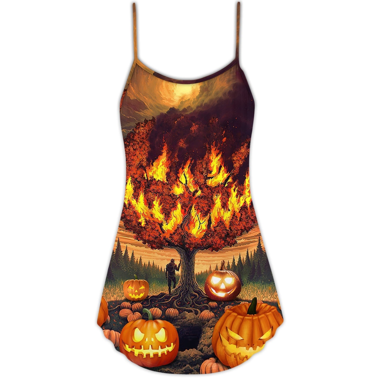 Halloween Burning Pumpkin Night – Women's Summer Sleeveless V-Neck Camisole Dress