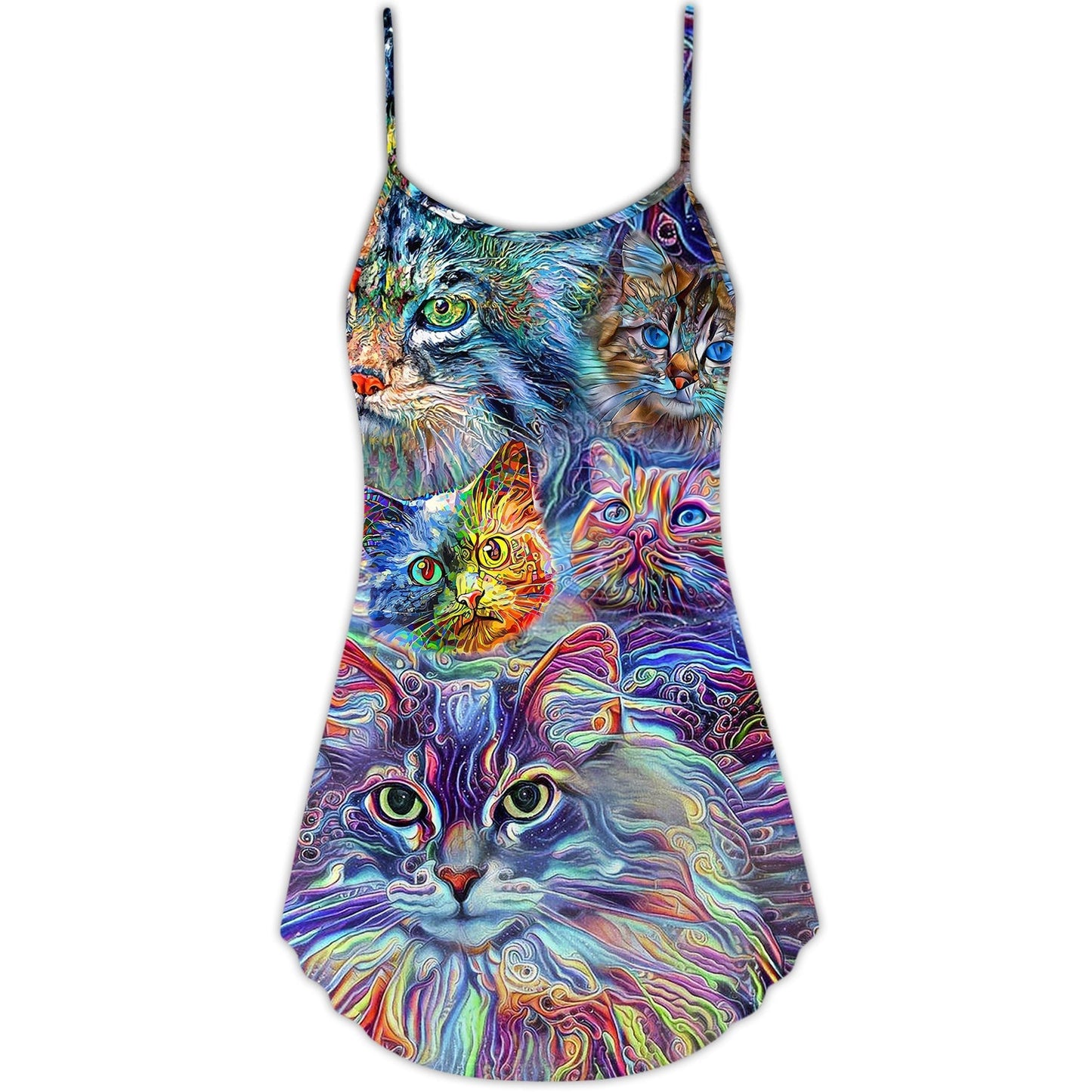 Hippie Cat Art Lover Colorful – Women's Summer Sleeveless V-Neck Camisole Dress