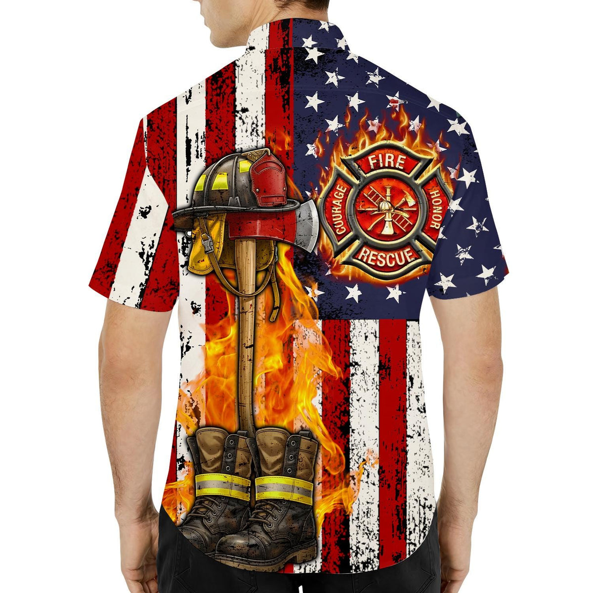 Patriotic Firefighter American Flag Helmet Axe Rescue – Hawaiian Shirt