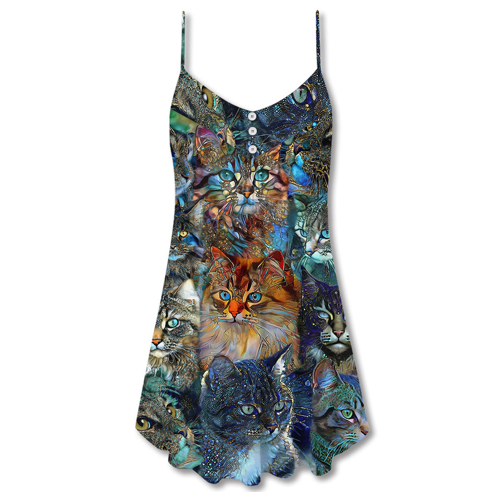 Colorful Glass Art Cat Lover – Women's Summer Sleeveless V-Neck Camisole Dress