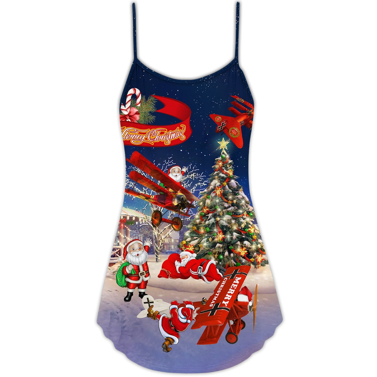 Christmas Santa Loves Airplane – Women's Summer Sleeveless V-Neck Camisole Dress