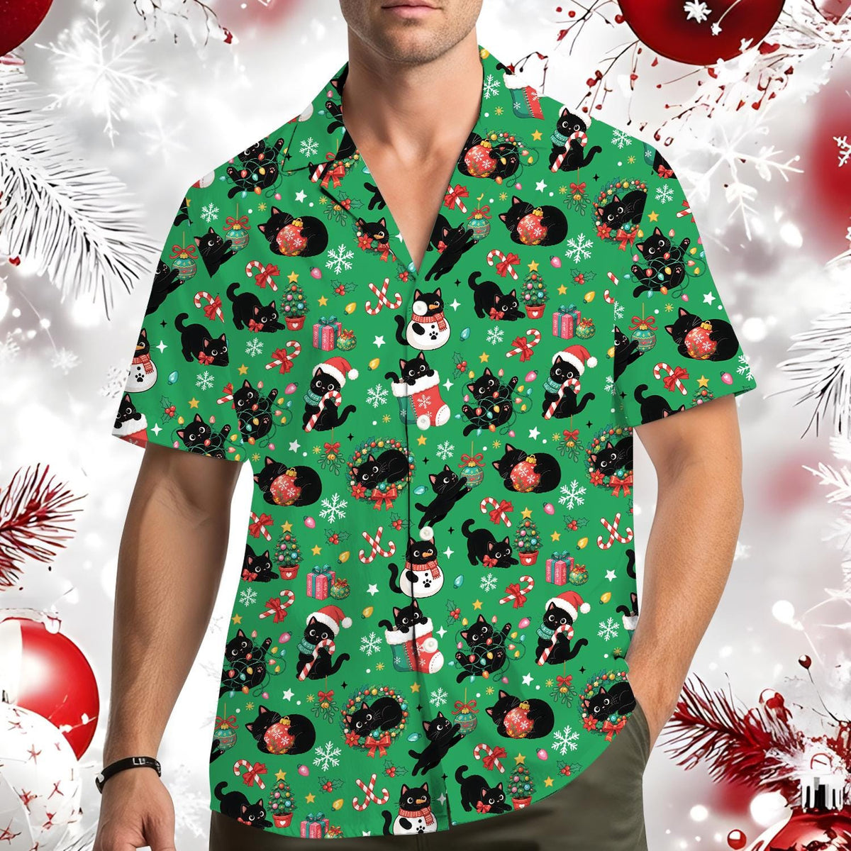 Black Cat Christmas Tree Snowman Holiday 1 – Hawaiian Shirt