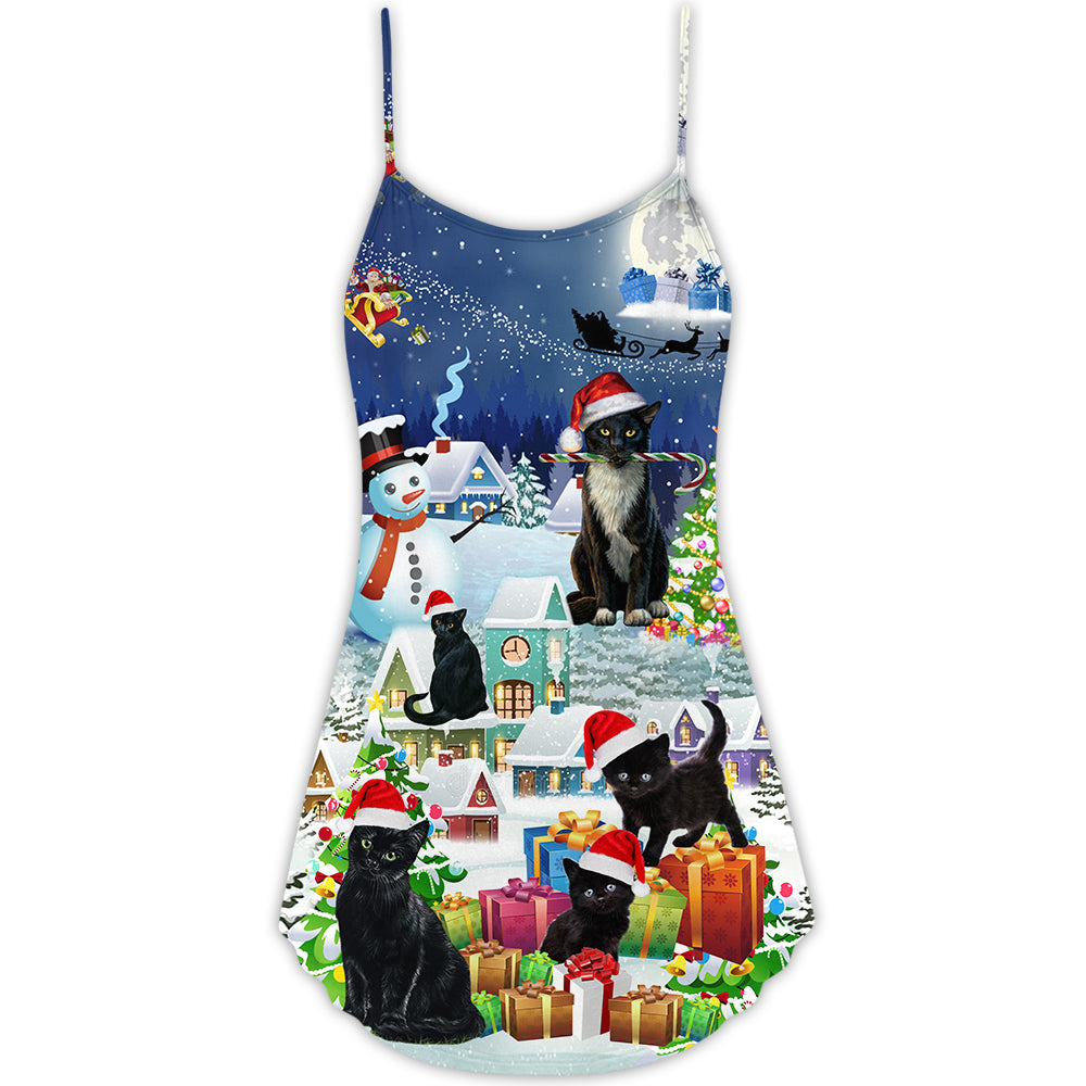 Black Cat Merry Catmas – Women's Summer Sleeveless V-Neck Camisole Dress