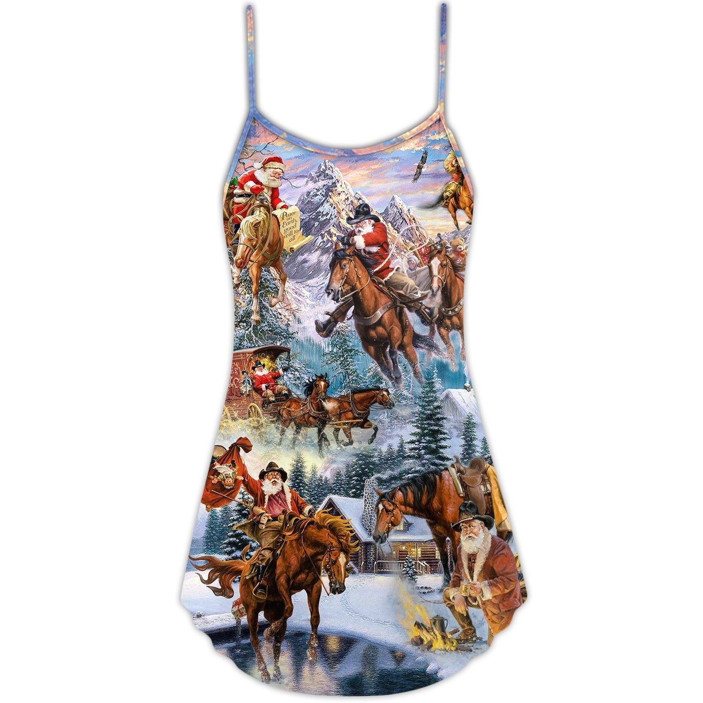 Santa Riding Horse Snow Mountain – Women's Summer Sleeveless V-Neck Camisole Dress