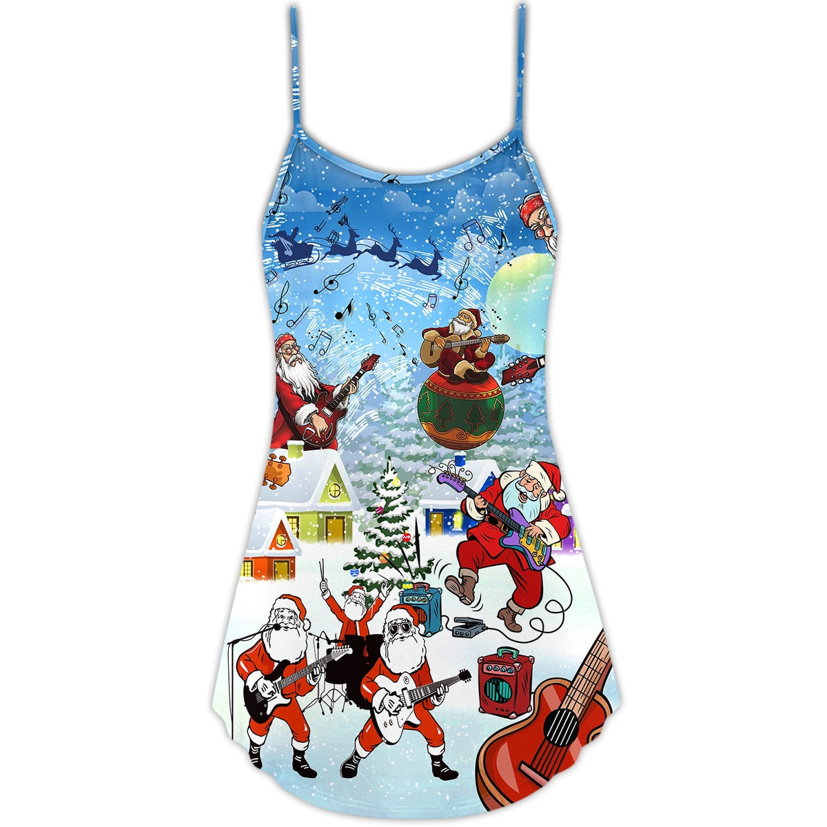 Christmas Santa Loves Music Guitar – Women's Summer Sleeveless V-Neck Camisole Dress