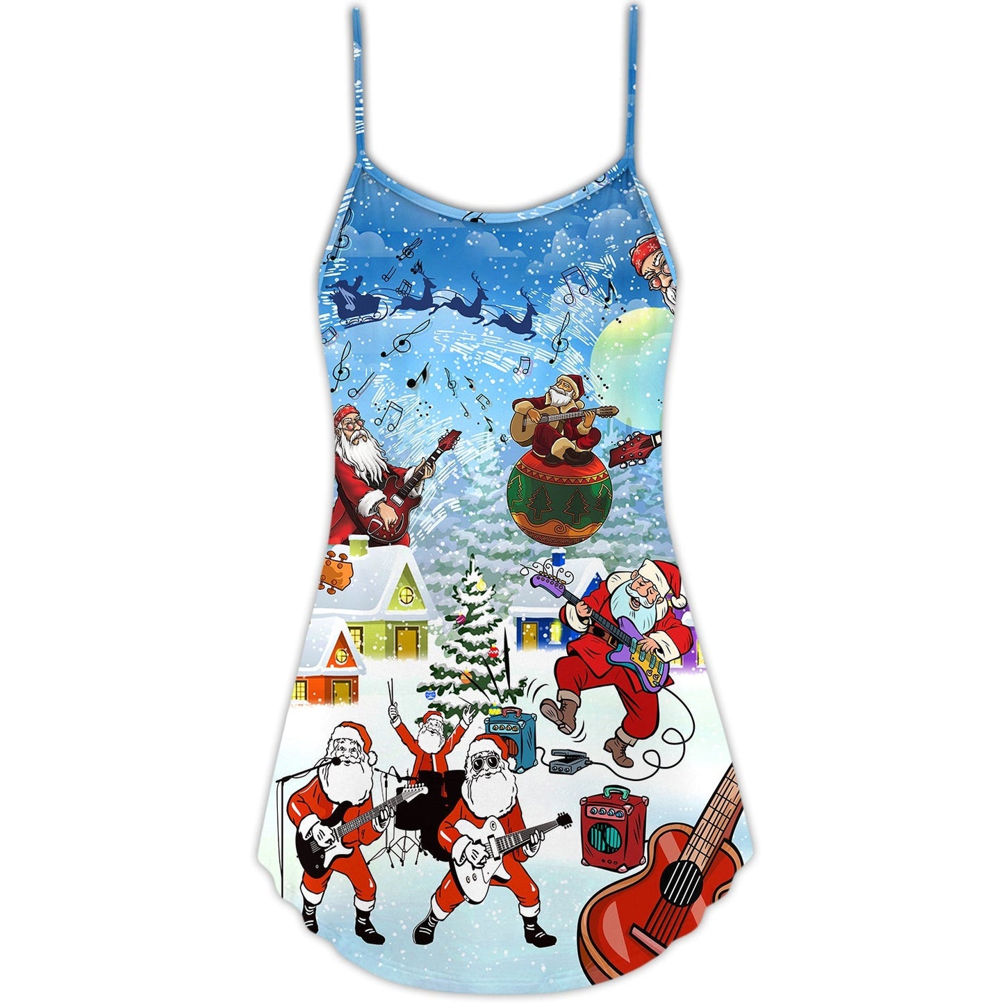 Christmas Santa Loves Music Guitar – Women's Summer Sleeveless V-Neck Camisole Dress