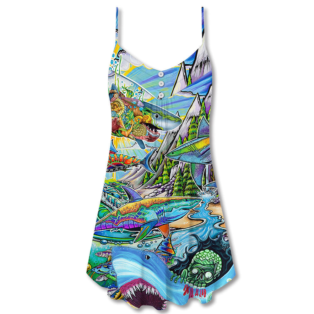 Shark Hippie Colorful Peace – Women's Summer Sleeveless V-Neck Camisole Dress