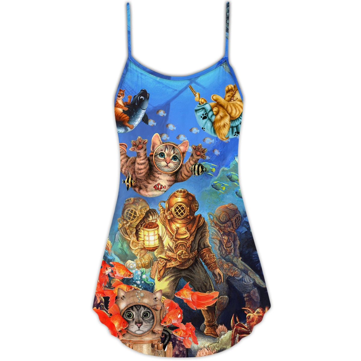 Diving Cat Under Sea – Women's Summer Sleeveless V-Neck Camisole Dress