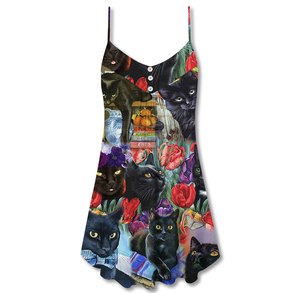 Black Cat Floral Art – Women's Summer Sleeveless V-Neck Camisole Dress