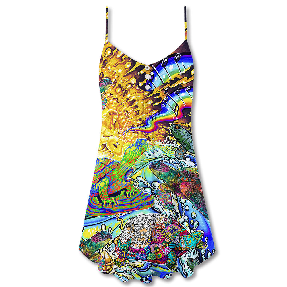 Hippie Turtle Colorful Peace – Women's Summer Sleeveless V-Neck Camisole Dress