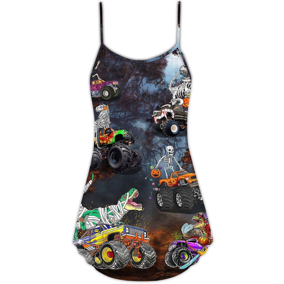 Halloween Skeleton Dino Monster Truck – Women's Summer Sleeveless V-Neck Camisole Dress