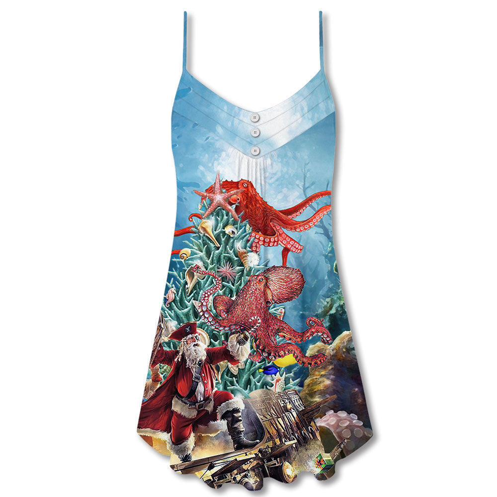 Octopus And Santa Merry Christmas – Women's Summer Sleeveless V-Neck Camisole Dress