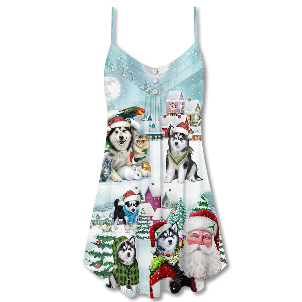 Husky Dogs Merry Christmas – Women's Summer Sleeveless V-Neck Camisole Dress