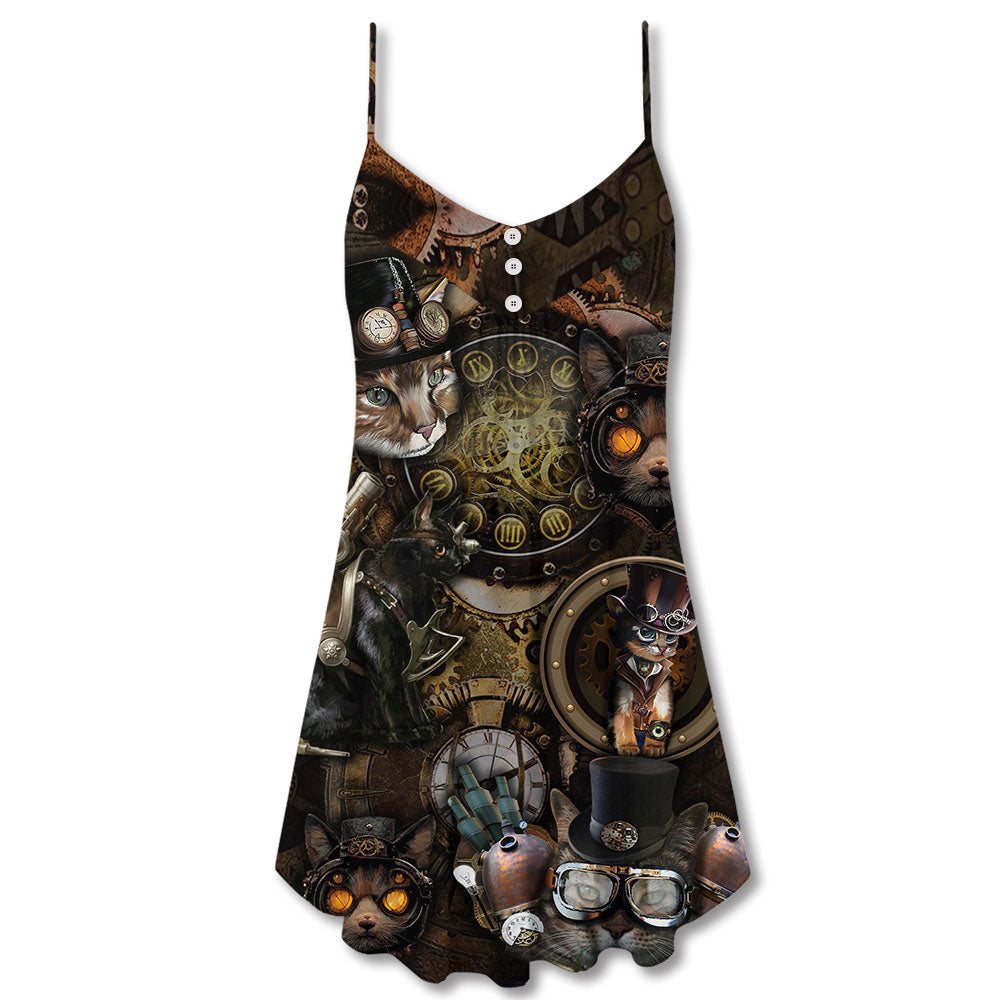 Steampunk Cat Magic Style – Women's Summer Sleeveless V-Neck Camisole Dress