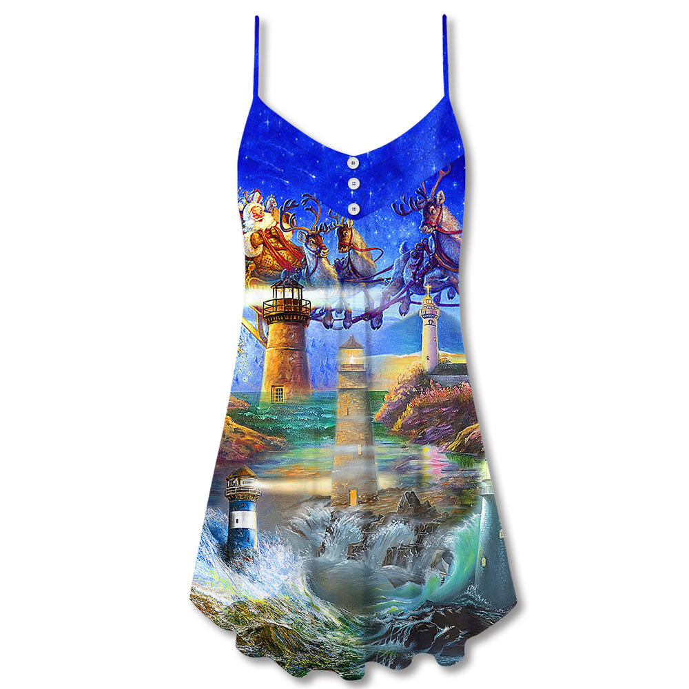 Lighthouse Santa Shine Bright – Women's Summer Sleeveless V-Neck Camisole Dress