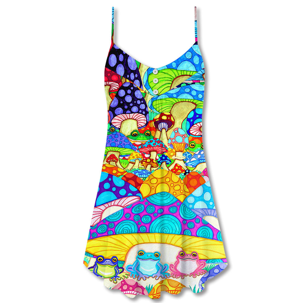 Hippie Frog Mushroom Colorful Peace – Women's Summer Sleeveless V-Neck Camisole Dress