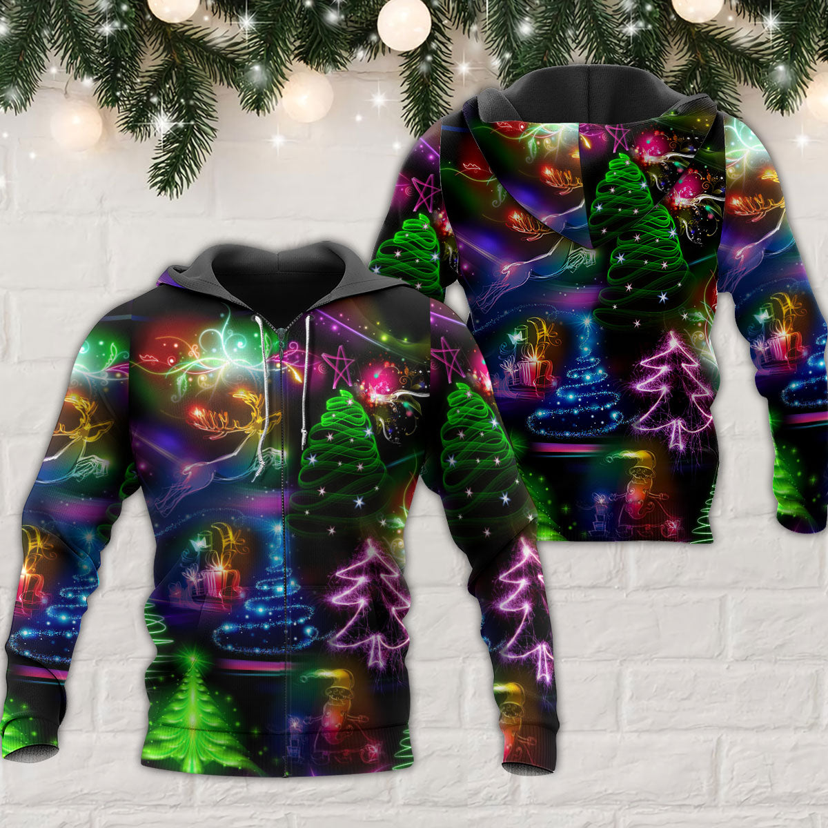 Christmas Tree And Snowman Neon Art – 3D Hoodie