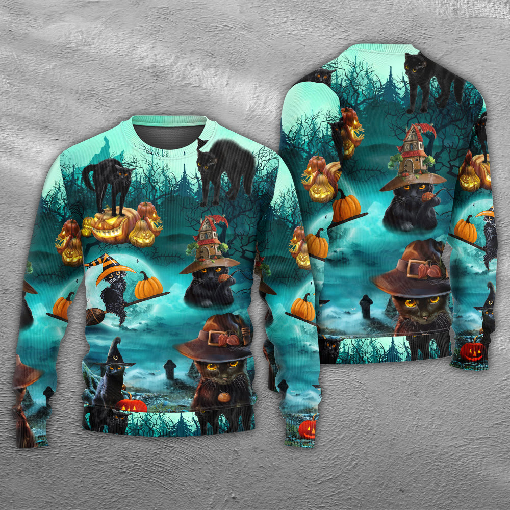 Halloween Black Cat Pumpkin Art Style – Sweater - Ugly Christmas Sweater