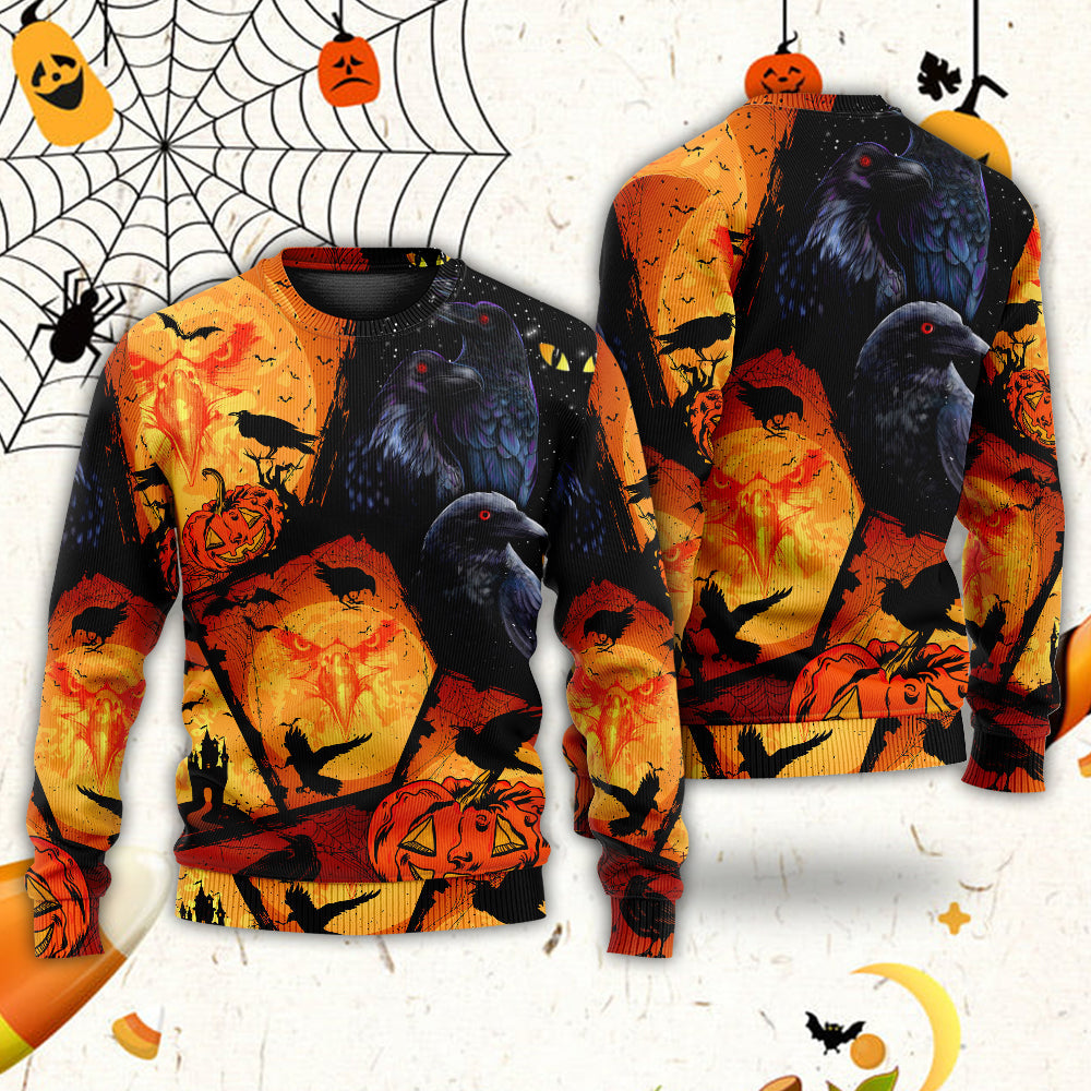 Halloween Raven Pumpkin Night Art – Sweater - Ugly Christmas Sweater