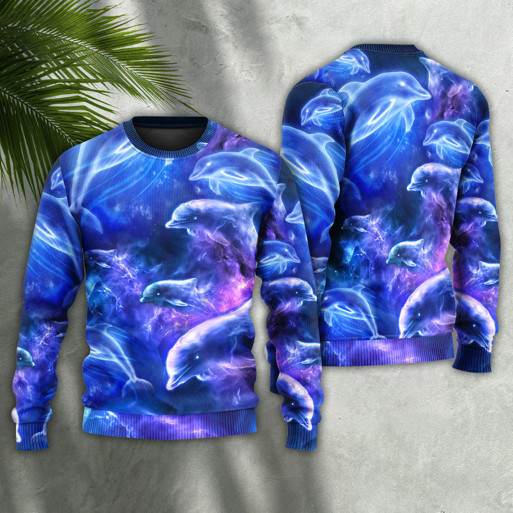 Dolphin Galaxy Neon Glow Art Style – Sweater - Ugly Christmas Sweater