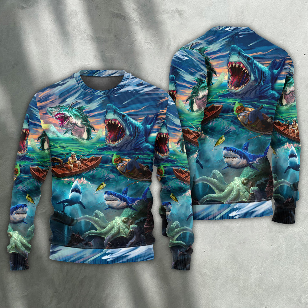 Fishing Shark Crazy Art Style – Sweater - Ugly Christmas Sweater