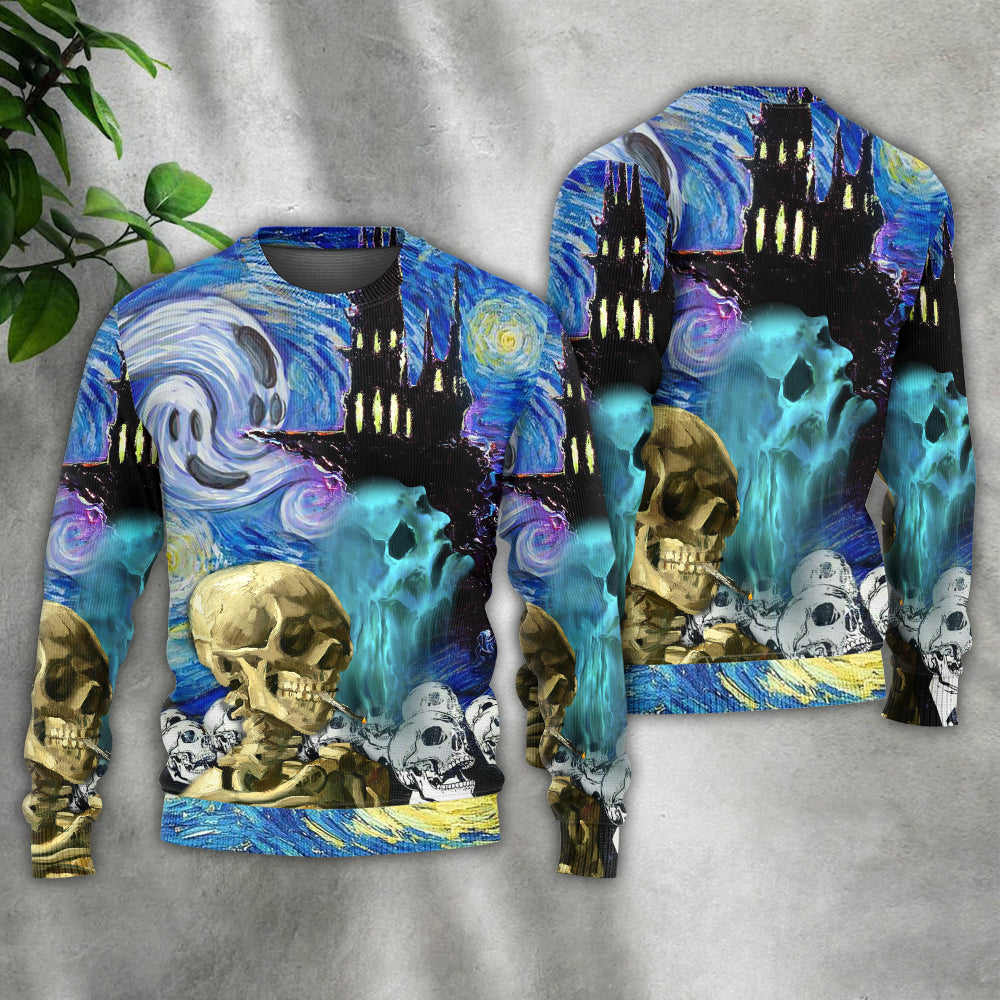 Halloween Skull Smoke Starry Night Art – Sweater - Ugly Christmas Sweater