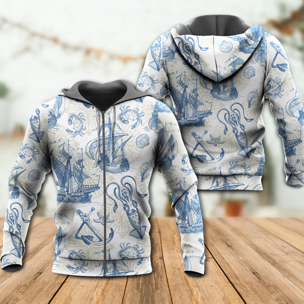 Vintage Sailboat Sea Map Art - 3D Hoodie