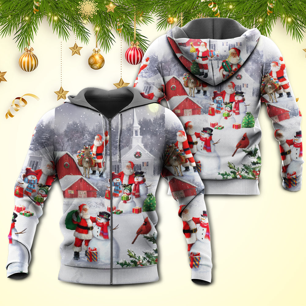 Christmas Santa With Snowman Family Town Art - Hoodie