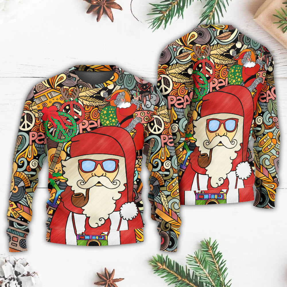 Christmas Hippie Santa Love And Peace – Sweater - Ugly Christmas Sweater